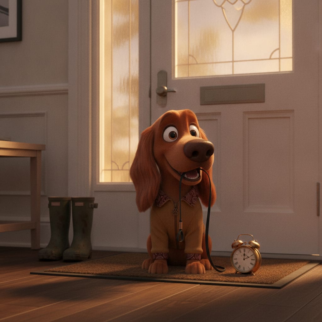 Nutmeg waiting by the front door with a lead in his mouth, a small alarm clock beside him