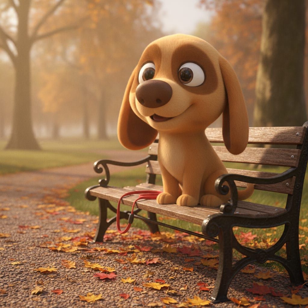Hapoo sitting on a park bench in autumn, head tilted, listening
