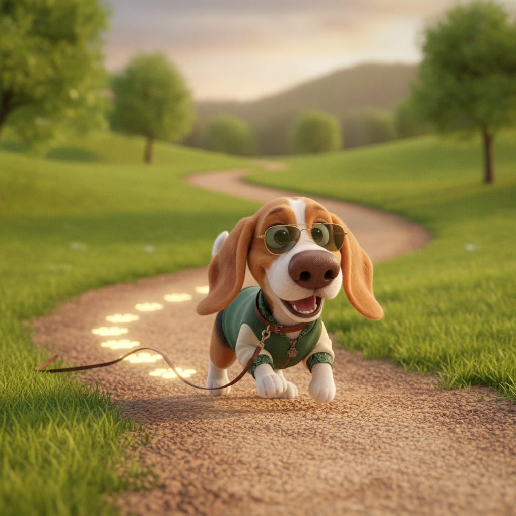 Clover trotting along a park path, the walk she has just done glowing behind her