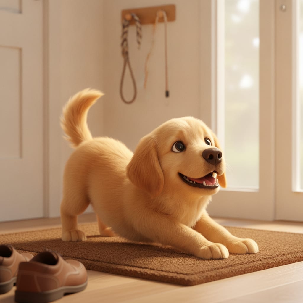 Sunny mid-stretch on a doormat at sunrise, looking up, ready to go out