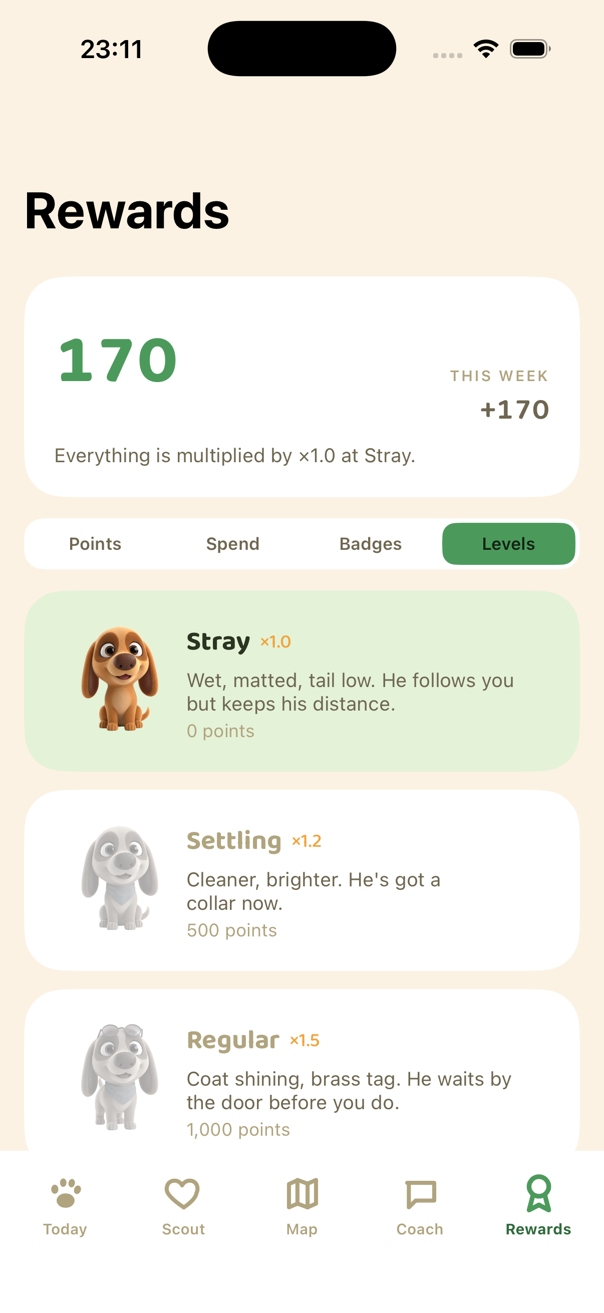 The Levels tab, showing Hapoo's Stray, Settling and Regular tiers