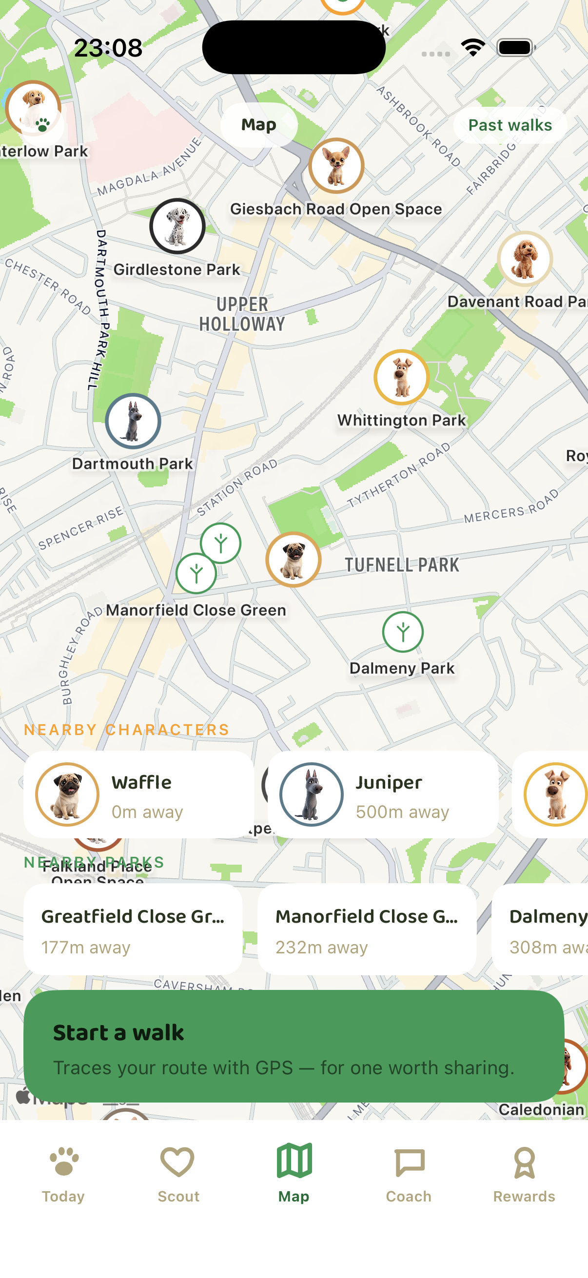 The map, showing nearby parks and network characters to meet