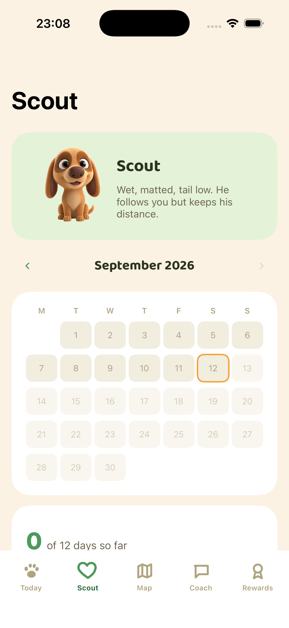 The Today screen, showing the streak and how to earn points